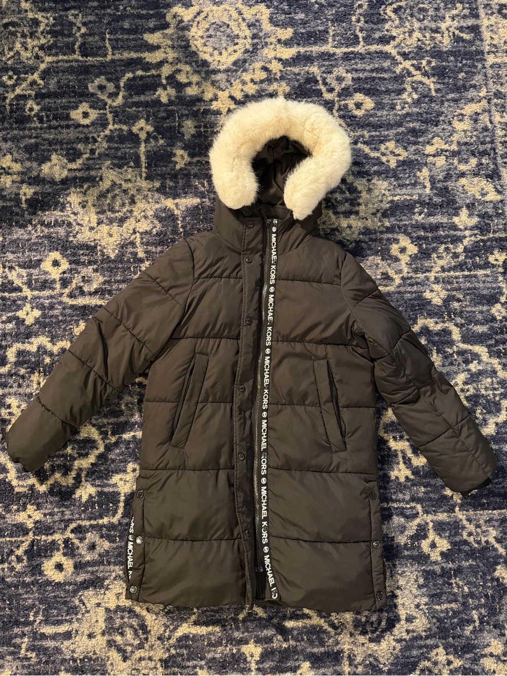 MICHAEL Michael Kors Black Puffer Coat with Cream Faux-Fur Trim
